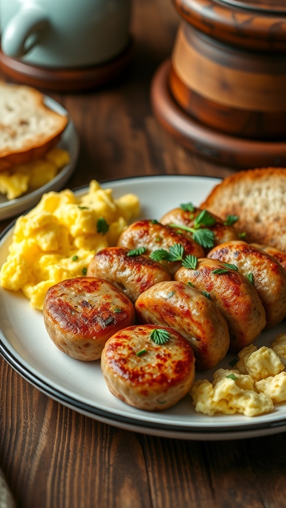 Homemade Breakfast Sausage Recipe Golden-brown homemade breakfast sausage patties on a plate with scrambled eggs and toast.